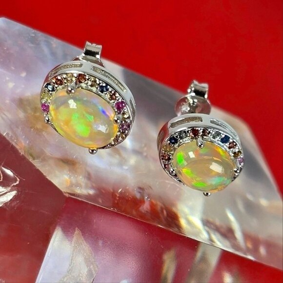 925 Sterling Silver Earrings with Natural White Opal 9x7mm & Sapphire Gemstone - Picture 1 of 6